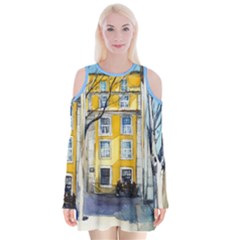 city - Velvet Long Sleeve Shoulder Cutout Dress