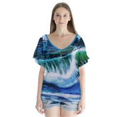Long Beach cove by James Paganelli - V-Neck Flutter Sleeve Top