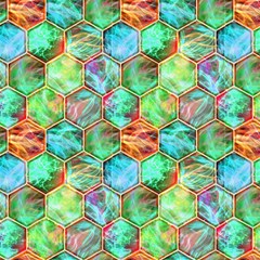 Magic Hexagons Contained Lightning Aqua Jade Orange By Paysmage Fabric by PAYSMAGE