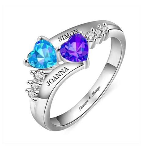 Personalized 2 Names Heart Birthstone Ring By Alex Front