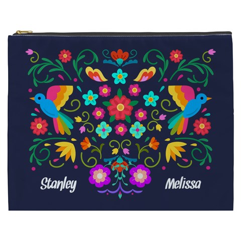 Personalized Flower Bird Illustration Name Cosmetic Bag By Katy Front