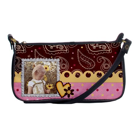Brown, Pink, And Yellow, Heart Shoulder Clutch By Sheena Front
