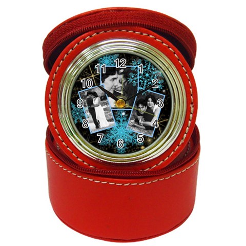 Sparkling Red Clock With Blue Snowflakes By Ivelyn Front