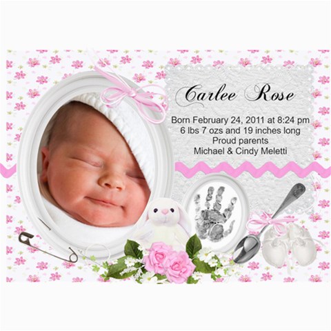New Baby Girl Photo Card Announcement By Laurrie 7 x5  Photo Card - 2