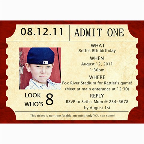 Baseball Ticket Birthday Invite By Lana Laflen 7 x5  Photo Card - 3