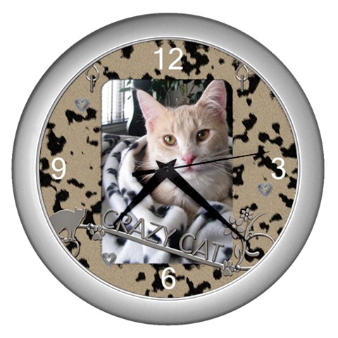 Crazy Cat Silver Clock By Lil Front