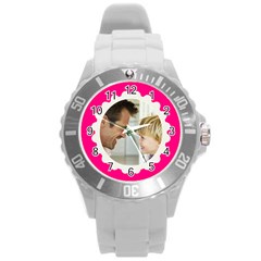Hot Pink/White Photo Frame Watch - Round Plastic Sport Watch (L)