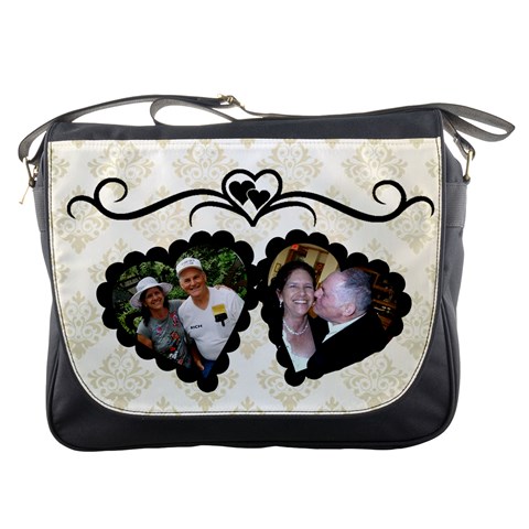 Black And White Double Heart Messenger Bag By Kim Blair Front