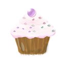 pink frosted cupcake with lilac ball