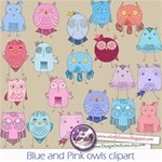 Blue and Pink cute whimsical owls
