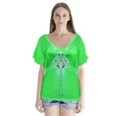 flutter blouse lime green - V-Neck Flutter Sleeve Top