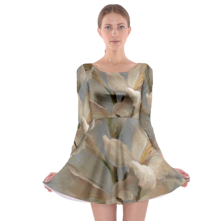 2 Flower Print Design Long Sleeve Skater Dress