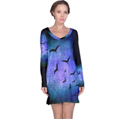 Blue Colored Bird Nightgown - Long Sleeve Nightdress