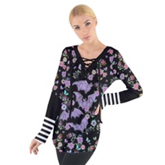 Long Sleeve Shirt Bats Blooms Bugs Blooms Lace-up Stripes  - Tie Up Tee