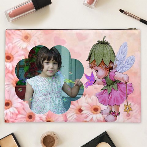 Pink Daisies And Fairy Cosmetic Bag (xxl) By Kim Blair Back