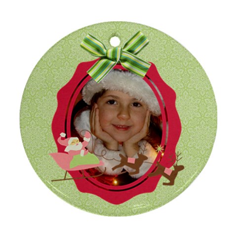 Pink Santa Reindeer Candycane Round Ornament (2 Sides) By Mikki Front