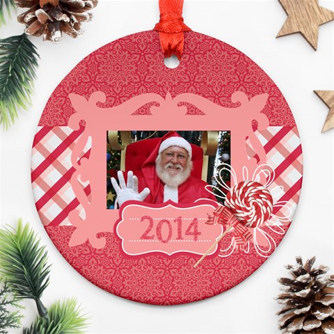 Pink Santa Reindeer Candycane Round Ornament (2 Sides) By Mikki Back