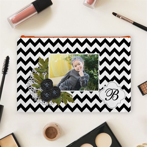 Cosmetic Bag (l): Black Chevron By Jennyl Front