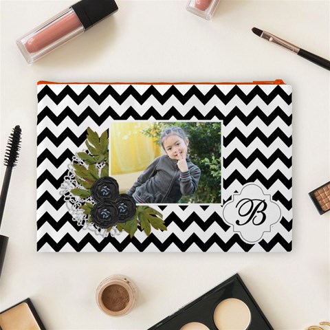 Cosmetic Bag (l): Black Chevron By Jennyl Back