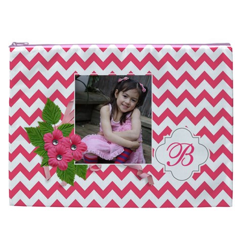 Cosmetic Bag (xxl): Pink Chevron By Jennyl Front