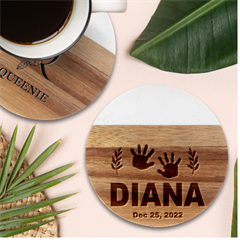 Personalized Birth Baby Name - Marble Wood Coaster (Round)