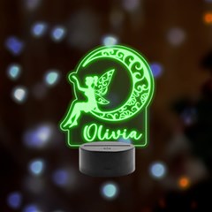 Personalized Fairy On Moon Name - Remote LED Acrylic Message Display (Black Round Stand) 