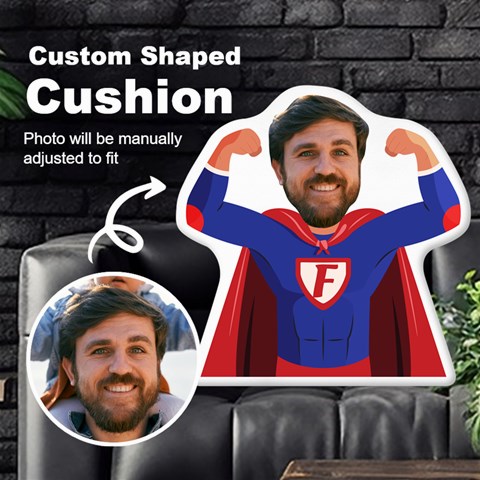 Personalized Photo In Super Dad Father Cartoon Style Custom Shaped Cushion By Joe Front