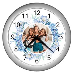 Personalized Blue Flower Photo Wall Clock - Wall Clock (Silver)