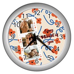Personalized Red Blue Flower Photo Wall Clock - Wall Clock (Silver)