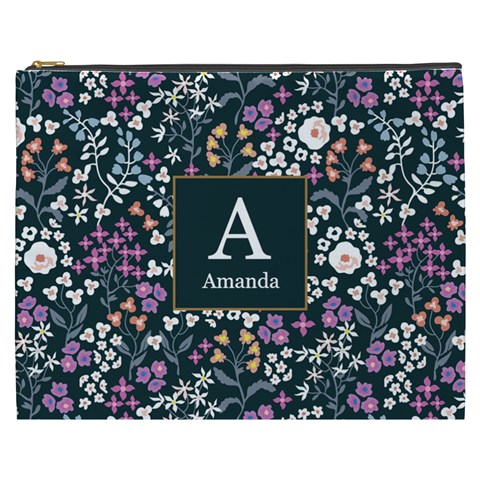 Personalized Floral Pattern Initial Name Cosmetic Bag By Joe Front