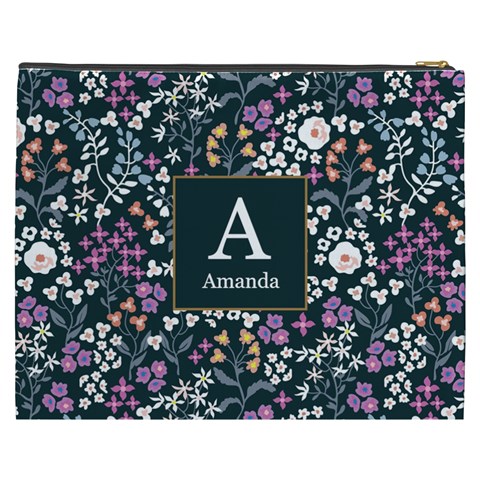 Personalized Floral Pattern Initial Name Cosmetic Bag By Joe Back