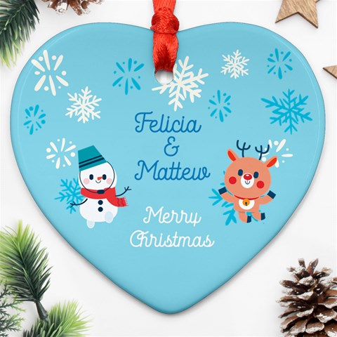 Personalized Snowman And Deer Name Heart Ornament (two Sides) By Katy Front