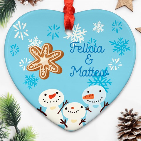 Personalized Snowman And Deer Name Heart Ornament (two Sides) By Katy Back