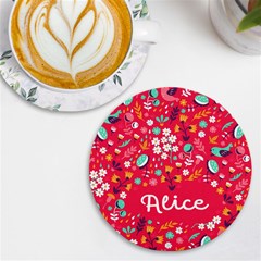 Personalized Spring Bird Floral Pattern Name Round Tile Coaster