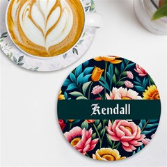 Personalized Floral Pattern Name Round Tile Coaster