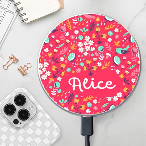 Personalized Spring Bird Floral Pattern Name Wireless Fast Charger By Joe Front