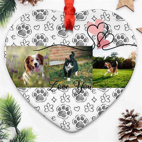 Personalized Pet Foot 3 Pics Photo Name Heart Ornament (two Sides) By Katy Front