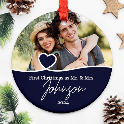 Personalized Christmas Anniversary Photo Name Any Text Round Ornament By Joe Back