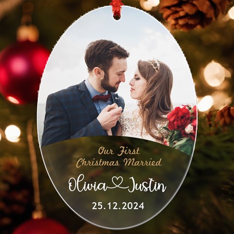 Personalized Christmas Photo Any Text Name Married Uv Print Acrylic Ornament Oval By Joe Front