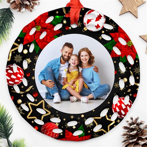 Personalized Merry Christmas Photo Family Name Any Text Round Filigree Ornament By Joe Back