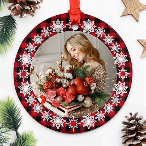 Personalized Photo Any Text Checked Pattern Christmas Round Ornament By Katy Front