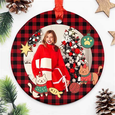Personalized Photo Any Text Christmas Cat Round Ornament By Katy Front
