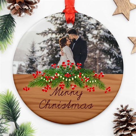 Personalized Photo Any Text Christmas Wood Round Ornament By Katy Front