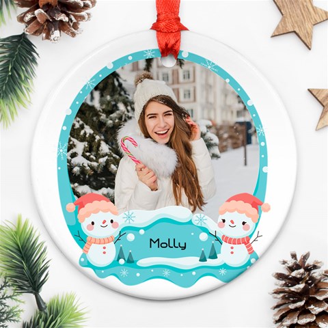 Personalized Photo Any Text Christmas Snow Man Round Ornament By Katy Front