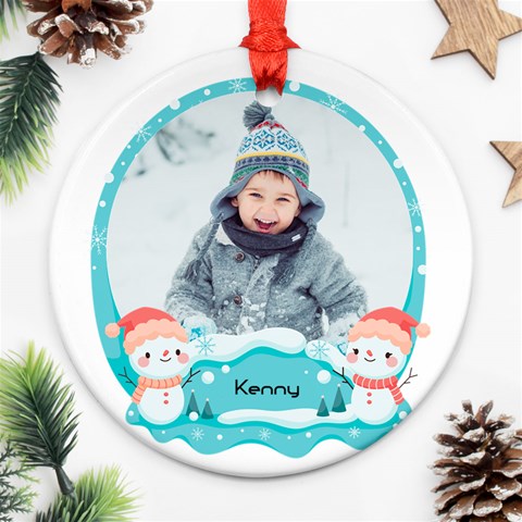 Personalized Photo Any Text Christmas Snow Man Round Ornament By Katy Back