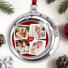 Personalized Christmas Photo Year Metal Snowflake Red Crystal Round Ornament