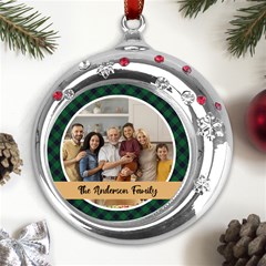 Personalized Christmas Photo Family Name Any Text Metal Snowflake Red Crystal Round Ornament