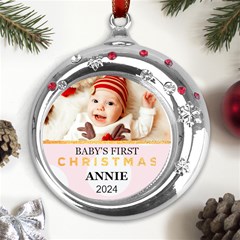 Personalized Christmas Year Photo Baby First Name Any Text Metal Snowflake Red Crystal Round Ornament