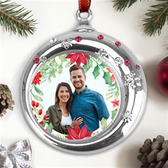 Personalized Christmas Photo Text Metal Snowflake Red Crystal Round Ornament