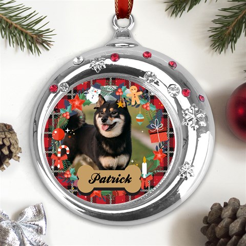 Personalized Christmas Photo Pet Name Any Text Metal Snowflake Red Crystal Round Ornament By Joe Front
